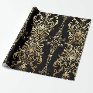 Papier Cadeau Motif continu floral damassé or avec arabesque
