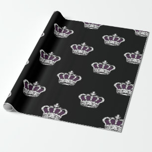 Papier Cadeau Motif Couronne Violet Royal sur Fond Noir Audacieu