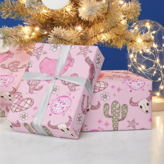 Papier Cadeau Motif Cowgirl Western Disco Rose