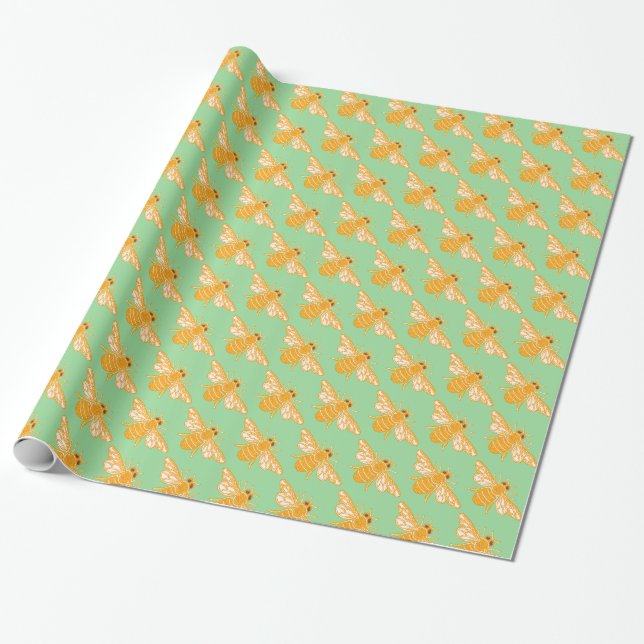 Papier Cadeau Motif d'abeilles à miel sur arrière - plan vert (Déroulé)