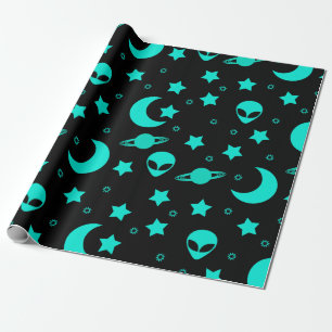 Papier Cadeau Motif d'alien turquoise avec étoiles et lunes