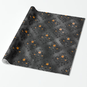 Papier Cadeau Motif damassé floral noir et orange