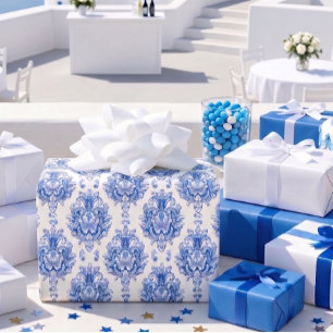 Papier Cadeau Motif damassé méditerranéen bleu blanc élégant