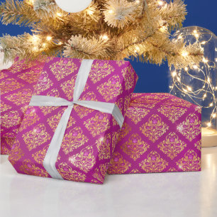 Papier Cadeau Motif Damassé Pailleté Magenta et Or