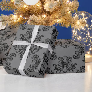 Papier Cadeau Motif damassé vintage gris noir