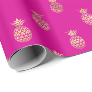 Papier Cadeau Motif d'ananas Tropical Hot Pink Gold 