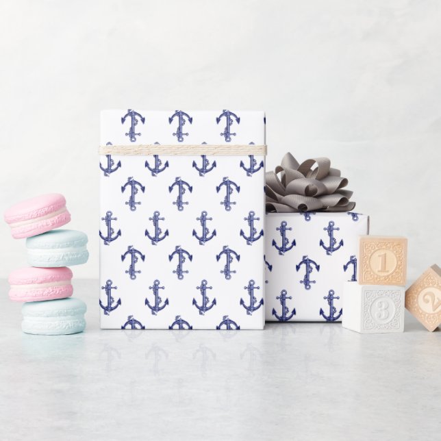 Papier Cadeau Motif d'ancrage bleu et blanc (Baby Shower)