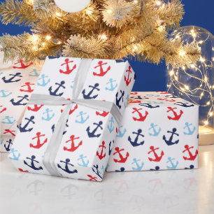 Papier Cadeau Motif d'Ancres nautiques rouges et bleues