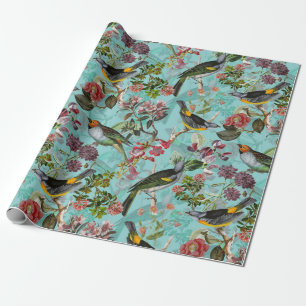 Papier Cadeau Motif d'antiquités et de fleurs sur le turquoise