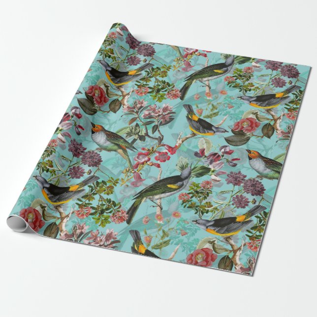 Papier Cadeau Motif d'antiquités et de fleurs sur le turquoise (Déroulé)