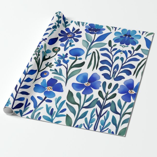 Papier Cadeau Motif d'aquarelle aux fleurs bleues (Déroulé)