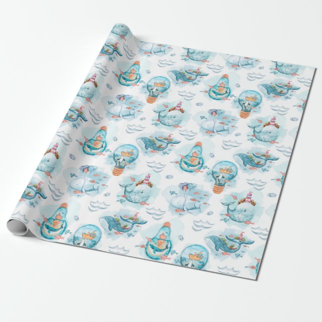 Papier Cadeau Motif d'aquarelle de la belle baleine nautique (Déroulé)