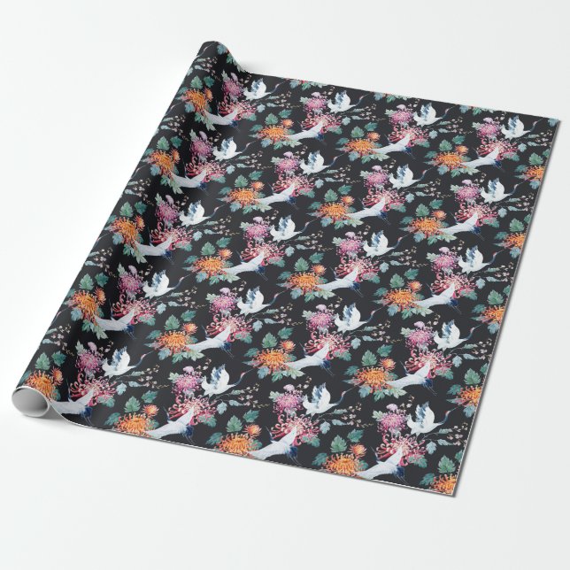 Papier Cadeau Motif d'aquarelle de la grue rouge Chrysanthemum (Déroulé)