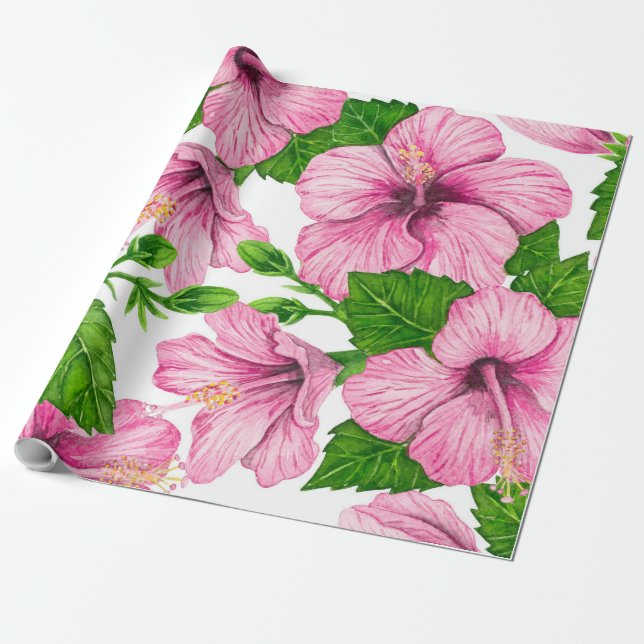 Papier Cadeau Motif d'aquarelle d'hibiscus rose (Déroulé)