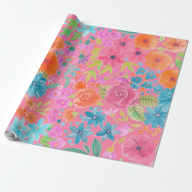 Papier Cadeau Motif d'aquarelle florale en rose (Déroulé)