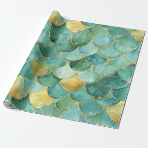 Papier Cadeau Motif d'aquarelle Gold Aqua Mermaid