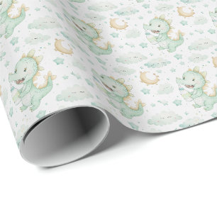 Papier Cadeau Motif d'aquarelle Green Dragon Baby Pastel