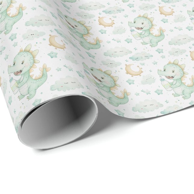 Papier Cadeau Motif d'aquarelle Green Dragon Baby Pastel (Coin rond)
