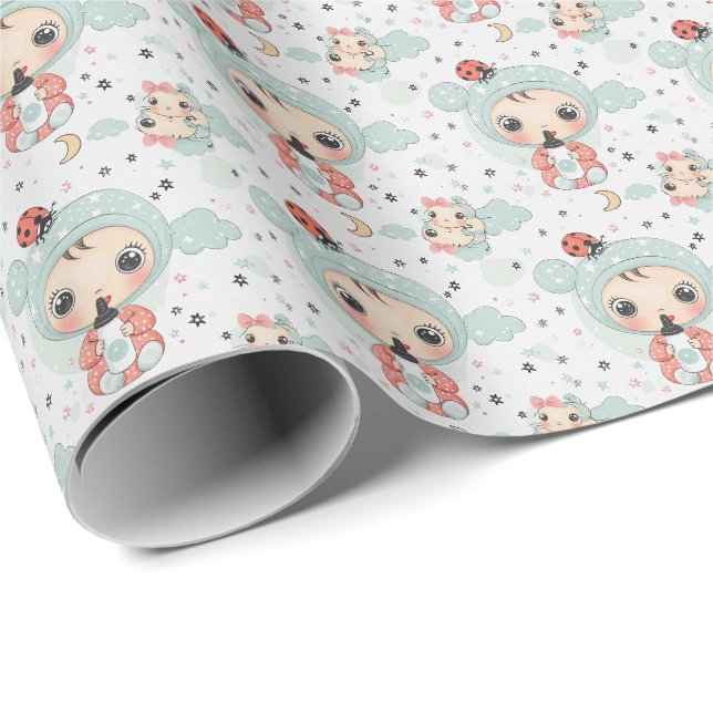 Papier Cadeau Motif d'aquarelle Ladybug Cute Baby Pastel (Coin rond)