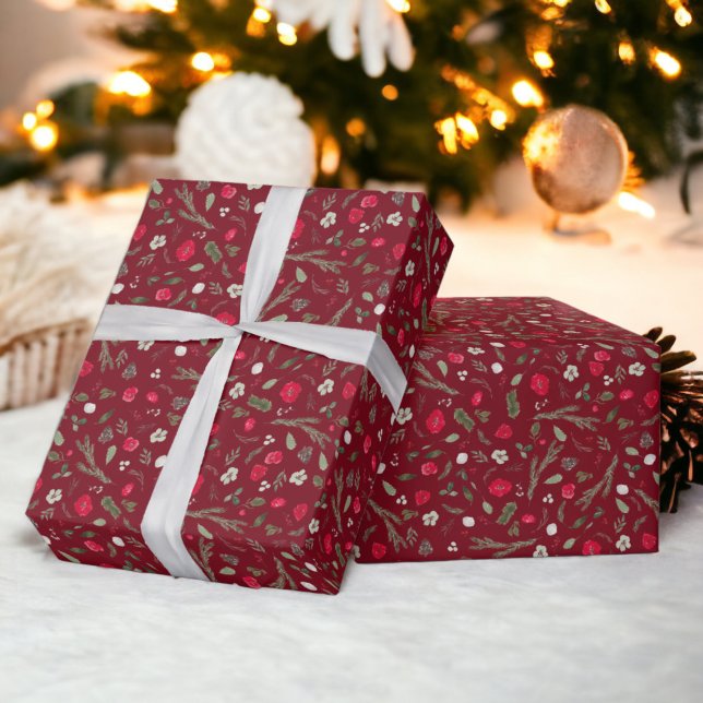 Papier Cadeau Motif d'aquarelle rouge floral de Noël rustique (Rustic Christmas floral red watercolor pattern Wrapping Paper)