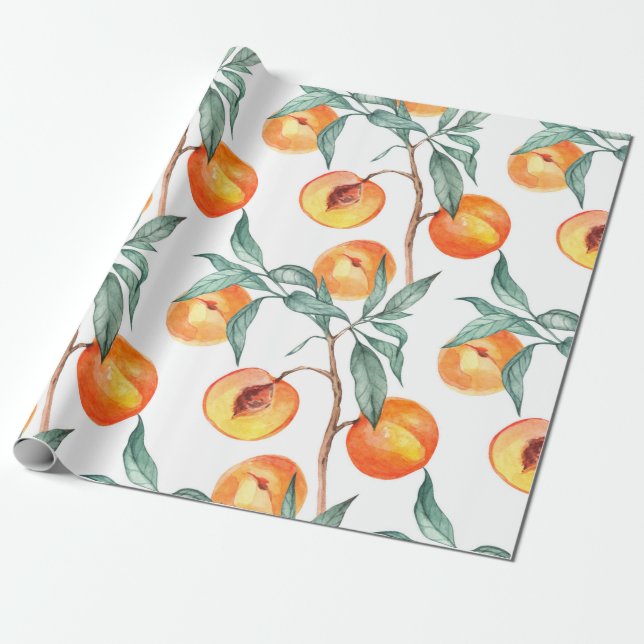 Papier Cadeau Motif d'aquarelle transparente avec pêches sur un  (Déroulé)