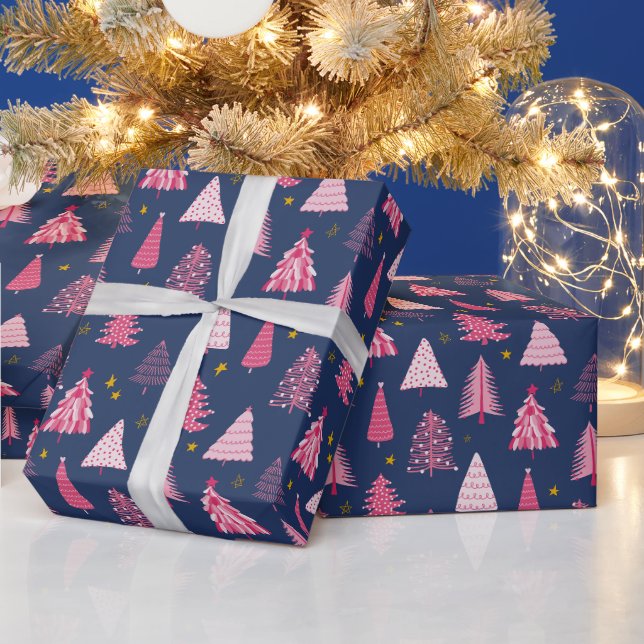 Papier Cadeau Motif d'arbre de Noël bleu et rose (Vacances)