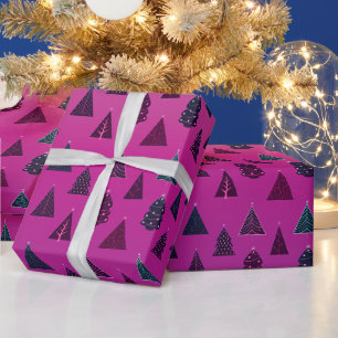 Papier Cadeau Motif d'arbre de Noël bleu et rose