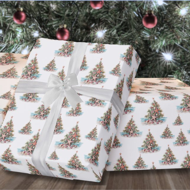 Papier Cadeau Motif d'arbre de Noël de plage (Beach Shell Christmas Tree Pattern Wrapping Paper)
