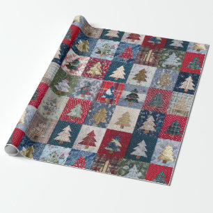 Papier Cadeau Motif d'arbre de Noël en patchwork festif (4)