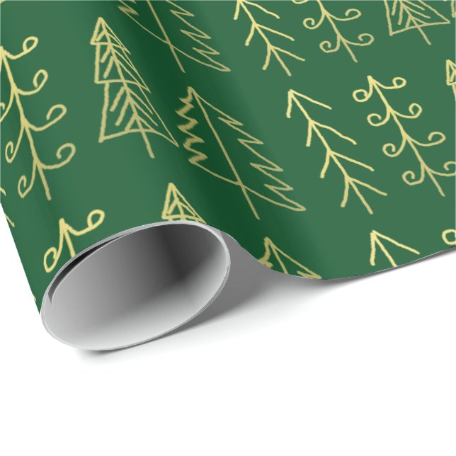 Papier Cadeau Motif d'arbres de Noël d'or vert moderne (Coin rond)