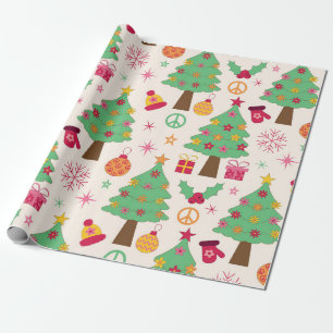 Papier Cadeau Motif d'arbres de Noël rétro groovy des années 70 