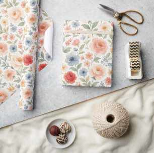 Papier Cadeau Motif d'art floral chic et décontracté français mi