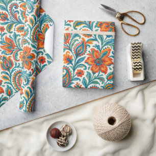 Papier Cadeau Motif d'art floral paisley coloré ethnique élégant