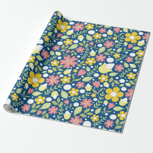 Papier Cadeau Motif d'art populaire Floral Bleu