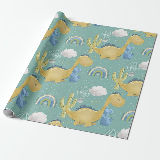 Papier Cadeau Motif De Baby shower Cute Dinosaur Et Cactus (Déroulé)