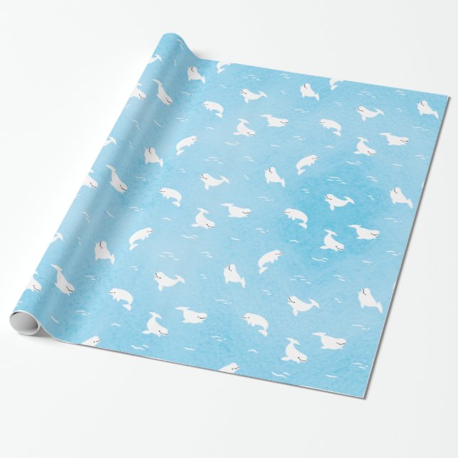 Papier Cadeau Motif de baleines béluga dans le bleu océanique (Déroulé)