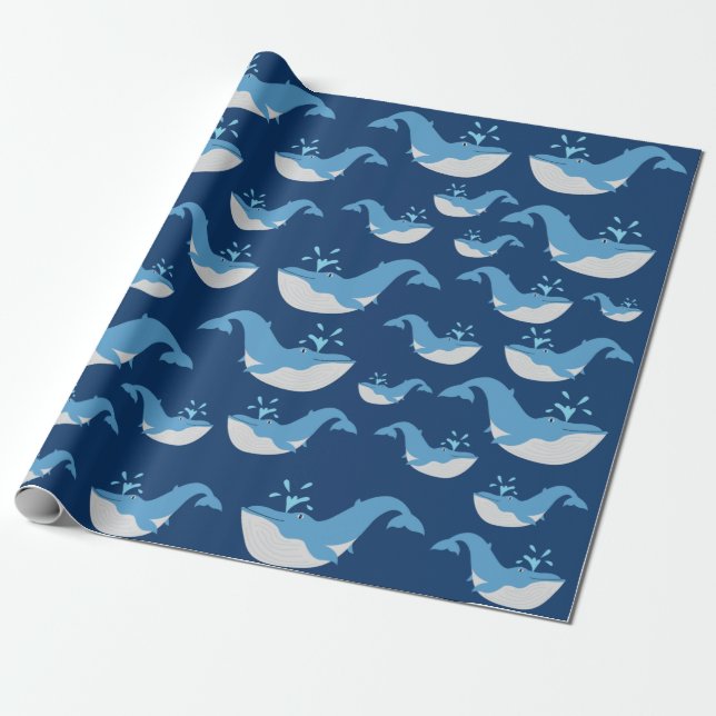 Papier Cadeau Motif de baleines de l'océan bleu profond (Déroulé)