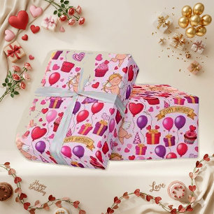 Papier Cadeau Motif de ballon d'anniversaire Cupidon rose fantai