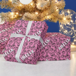 Papier Cadeau Motif de ballon de basket-ball rose nom