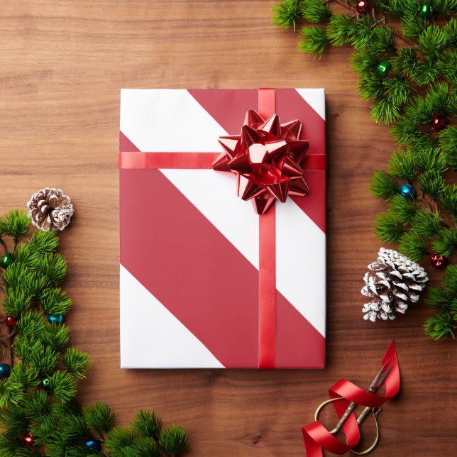 Papier Cadeau Motif de bandes diagonales blanches rouges (Cadeau de vacances)