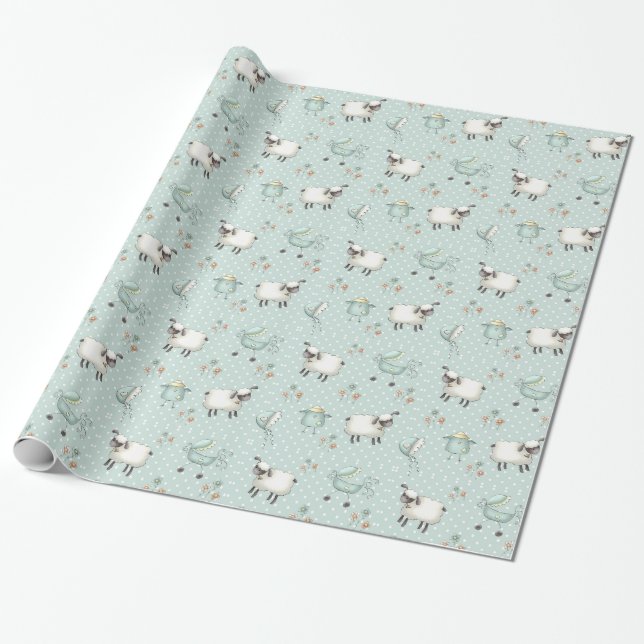 Papier Cadeau Motif de bébé de vert sauge (Déroulé)