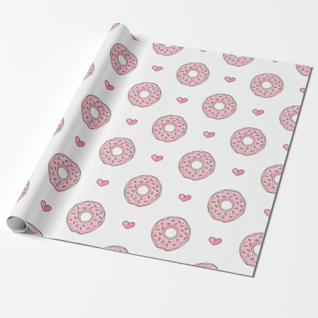 Papier Cadeau Motif de beigne et de coeur roses (Déroulé)