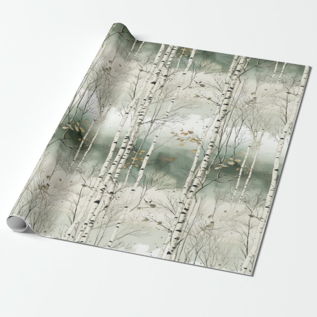Papier Cadeau Motif de bouleaux d'aquarelle (Déroulé)