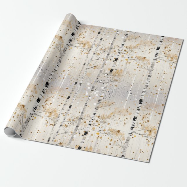 Papier Cadeau Motif de bouleaux d'aquarelle (Déroulé)