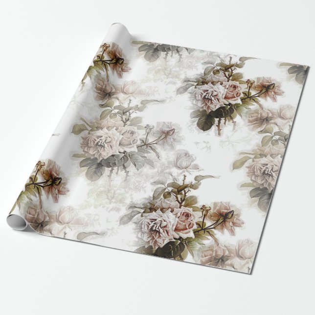 Papier Cadeau Motif de bouquet rose gris rose douce à l'ancienne (Déroulé)