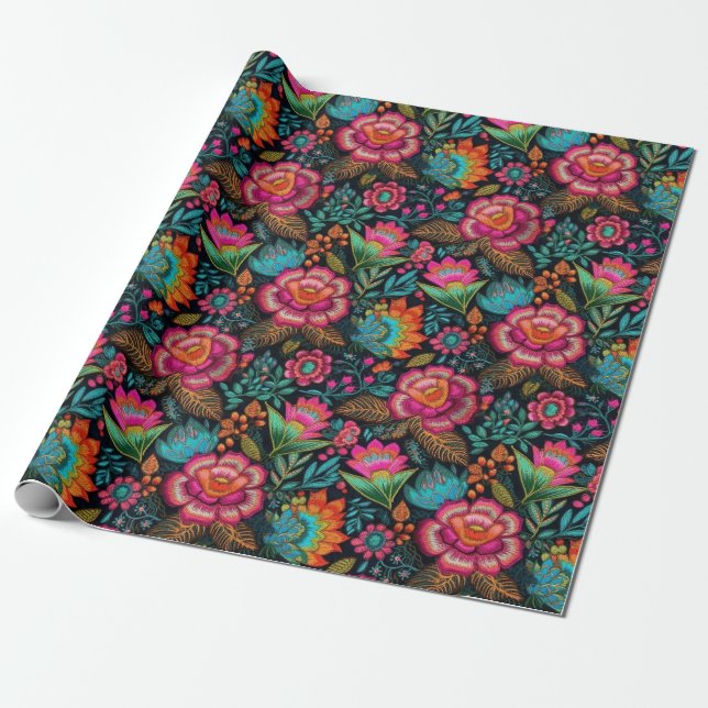 Papier Cadeau Motif de broderie florale (Déroulé)