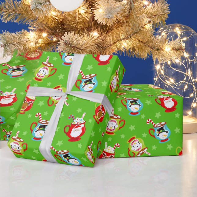 Papier Cadeau Motif de cacao chaud de Noël sur vert (Vacances)