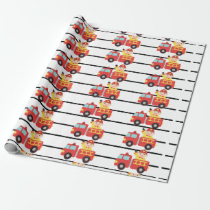 Papier Cadeau Motif de camion de pompier rouge et d'incendie