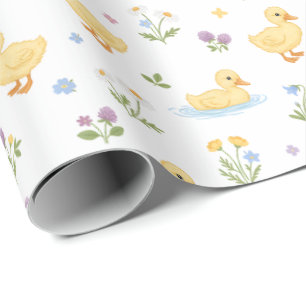 Papier Cadeau Motif de Canetons Mignons et de Fleurs Sauvages