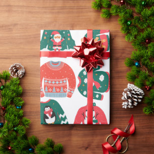 Papier Cadeau Motif de Chandail d'hiver mignon Noël rouge et ver